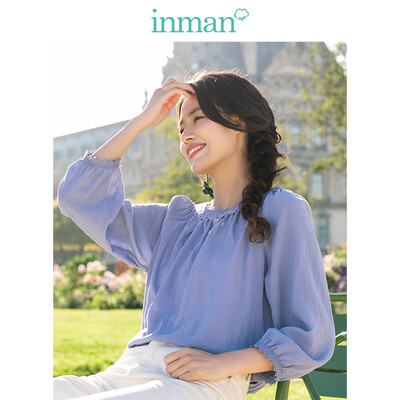 

INMAN 2019 spring new round neck literary retro holiday wind casual wild thin long-sleeved shirt shirt female 1891011064 gray blue M