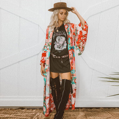 

New Women Chiffon Kimono Cardigan Floral Print Long Sleeve Loose Outerwear Bikini Cover Up Orange