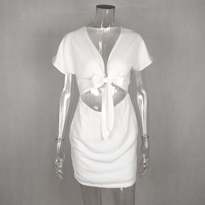 

PREISEI Summer Women Sexy Elegant Slim Solid Bow Tie Bandage Chiffon Dresses V-Neck Empire Short Sleeve Straight Dress