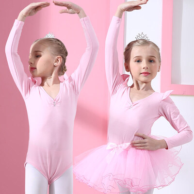 

Chic childrens dance costume girls autumn&winter childrens exercise clothes costumes suits one-piece clothes ballet skirt long sleeve pink 5XL