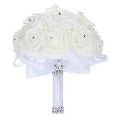 

21cm White Artificial PE Rose Wedding Bouquet Bridal Holding Satin Rhinestones Bouquet Wedding Supplies