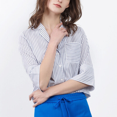 

CANVAUS Summer New Women Cotton Fashion Striped Slim Pockets Turn-down Collar Three Quarter Sleeve Blouse Shirt Tops CS8017D