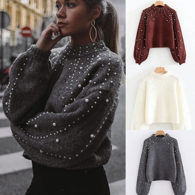 

European&American short loose hand-made nail bead semi high collar sweater