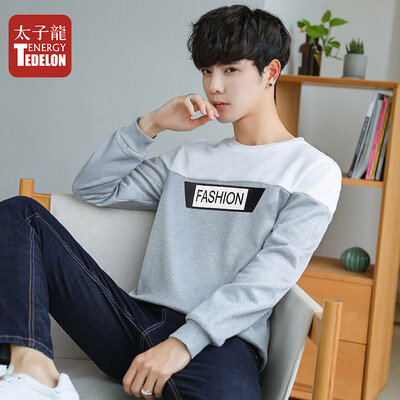 

Prince Dragon TEDELON long-sleeved T-shirt male 2019 spring new round neck solid color stitching casual Slim fashion trend sweater t-shirt clothes mens Y76 light gray