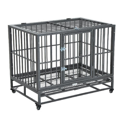 

36" Stainless Steel Elevated Heavy Duty Dog Kennel Rolling Pet Crate With Dual Pans