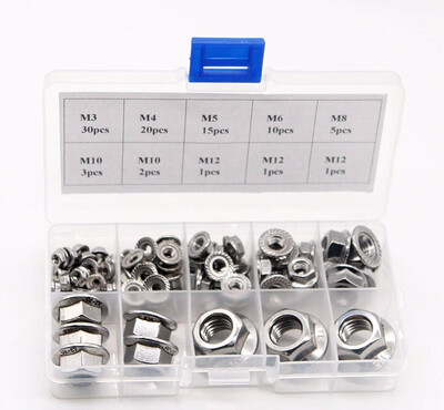 

304 Stainless Steel Hex Flange Nuts M3 M4 M5 M6 M8 M10 M12 Hex Flange Nuts Assortment Kit 88PCS