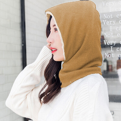 

Winter Outdoor Sports Men Women Hood Snood Fleece Lined Solid Color Unisex Dual-Use Mask Hooded Scarf Neck Warmer Cap