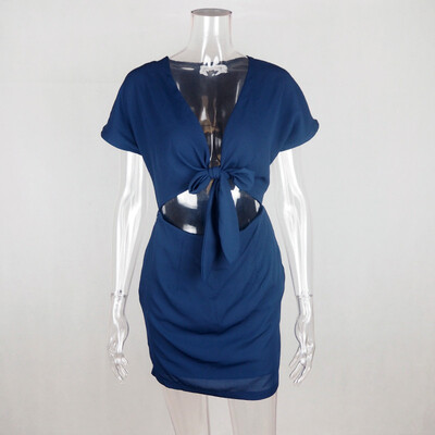

PREISEI Summer Women Sexy Elegant Slim Solid Bow Tie Bandage Chiffon Dresses V-Neck Empire Short Sleeve Straight Dress