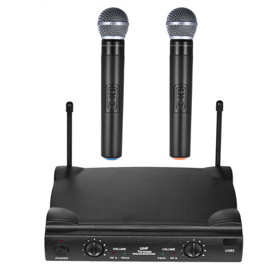 

UHF Dual Channels Wireless Microphone Mic System with 1 Receiver 2 Handheld Microphones 635mm Audio Cable Power Adapter for Karao