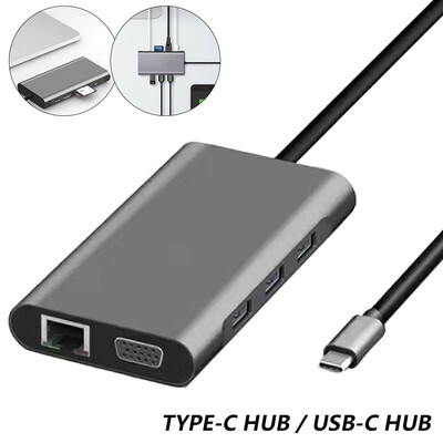 

Willstar 10 Port Multi-function USB Hub USB30 Multi Device Port USB Type C Docking HDMI VGA RJ45-Gray Gray