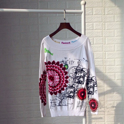 

NEW FASHION WOMENS SWEATER SLIT NECKLINE SPRING AND AUTUMN SEXY HIGH QUALITY DESIGUES FLORAL PRINT LONG-SLEEVE PULLOVERS