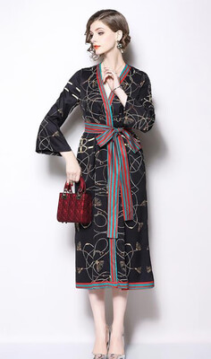 

S M L XL XXL vintage new spring 2019 women long maxi dress long sleeve black gold print mid calf V neck with belt elegant lady