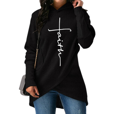 

Fashion Women Hoodie Faith Letter Print Asymmetric Casual Loose Coat Pullover Sweatshirts Hooded Tops