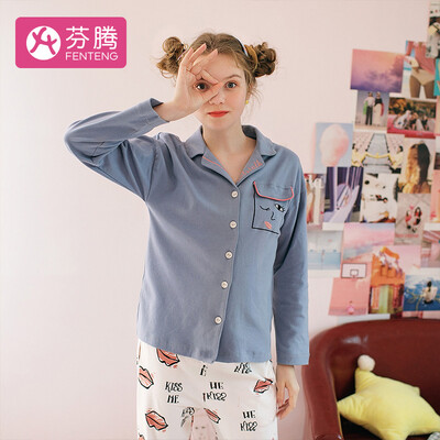 

Fen Teng 2019 new atmosphere V-shaped lapel personality printing soft cotton long-sleeved home service ladies pajamas J980A11687 Gray Blue
