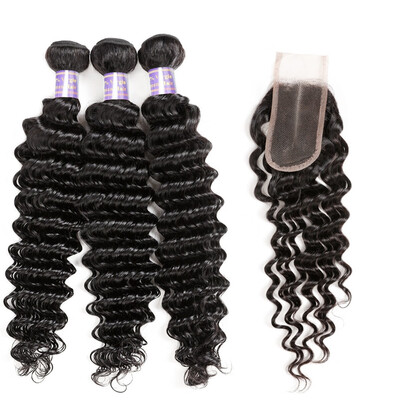

Ishow 8A Deep Wave Human Hair 3 Bundles with 24 Lace Closure Brazilian Hair Bundles with Closure
