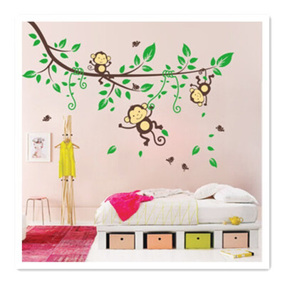 

Naughty Monkey Wall Stickers on Fresh Green Leaf Branches Kindergarten Childrens Room Opening Season Decorations Swinging Monkeys