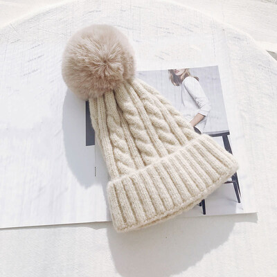 

Hat Female Winter Fur Ball Wool Hat Twist Knit Hat Simple Wool Blend Knit Hat