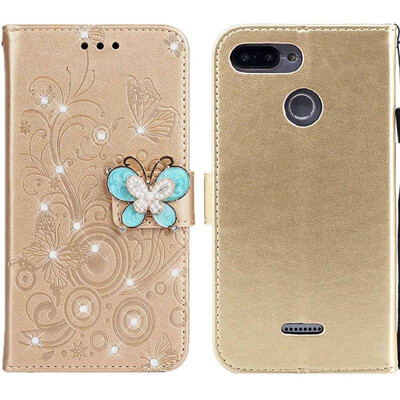 

MOONCASE Millet Red Rice 6 Butterfly Rhinestone Embossed Leather Case - Gold