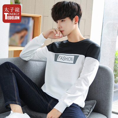 

Prince Dragon TEDELON long-sleeved T-shirt men 2019 spring new round neck solid color stitching casual Slim fashion trend sweater t-shirt clothes mens Y76 white XL