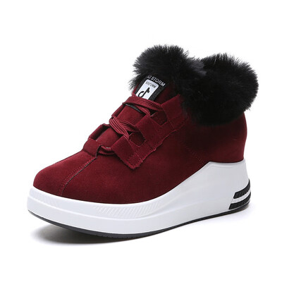 

Women Flat Platform Shoes with Fur High Top Lace-up Sneakers Winter Warm Solid Height Increasing Feamle Student Canvas Footwear