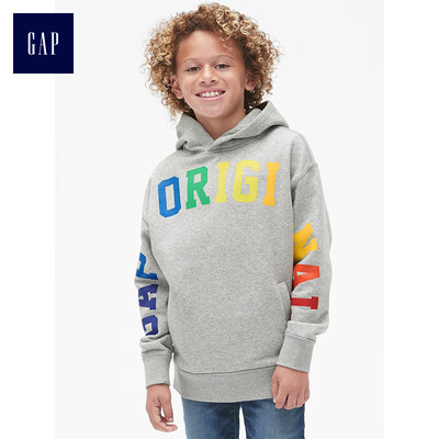 

GAP flagship store childrens clothing boy hoodie pullover letter print sweater 399943 light gray ash 140cm L