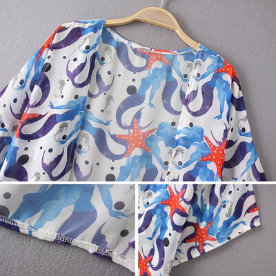 

Women Chiffon Beach Kimono Mermaid Print Open Front Loose Thin Casual Sea Holiday Cardigan Blue