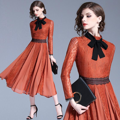 

S M L XL XXL elegant new autumn 2018 women lace long maxi dress long sleeve orange slim A line mid calf bow office lady