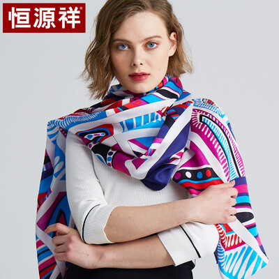 

Hengyuanxiang heavy satin silk silk scarf ladies spring&autumn winter printed silk scarf long thin section wild Korean version of the shawl dual-use 50M18742 Tibetan blue