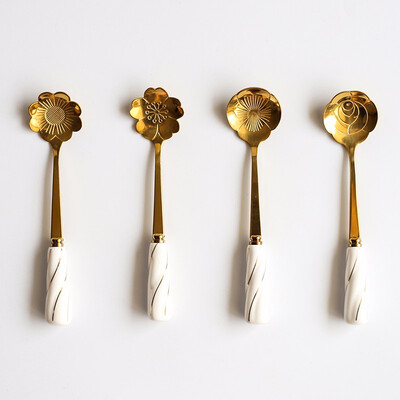 

STRUST 4pc set stainless steel porcelain Creative Flower coffee spoon set tea spoon set stirring spoon set
