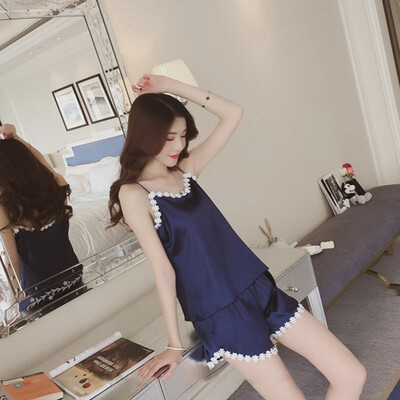 

Fashion Pajama Set Sexy Lace Suit Silk Thin Women Night Wear Clothes Satin Female Short