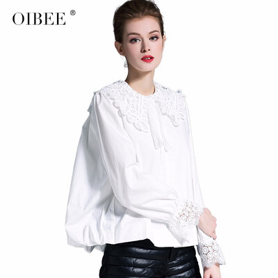 

OIBEE2019 new spring womens college wind lace doll collar white shirt women loose shirt short paragraph
