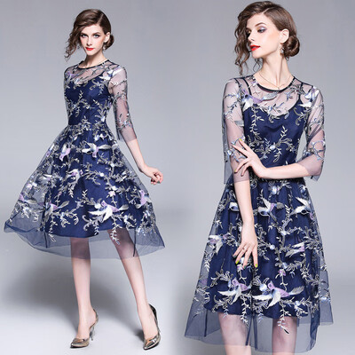 

DFYOP New Womens Wear European And American Gauze Embroidery Round Neck Seven Point Sleeve Dress
