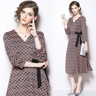 

S M L XL XXL elegant new autumn 2018 women dress long sleeve red print V neck A line mid calf with belt office lady