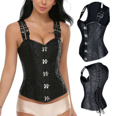 

SLIMBELLE Womens Black Gothic Fashion Brocade Waist Taming Overbust with Hip Gores Cosplay Clubwear