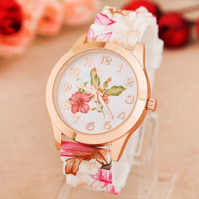

Fashion Luxury Rose Gold Quartz Women Watch Silicone Band Flower Pattern Ladies Casual Wristwatch Feminio Relogio