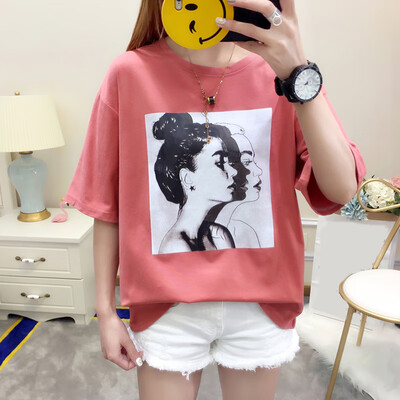 

Long Yue womens 2019 summer new short-sleeved T-shirt female students Korean version of the loose shirt printing shirts LWTD191418 brick red M