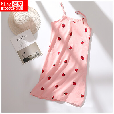 

Red Bean Home 2019 Spring&Summer New Products Pajamas Cotton Breathable Strawberry Print Home Service Sling Nightdress 034 Shrimp Red 16084A