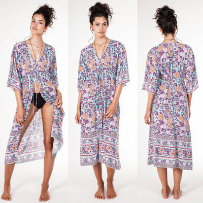 

New Women Kimono Cardigan Beach Cover Up Floral Print Chiffon Boho Long Loose Casual Blouse Top Beachwear Blue