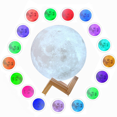 

Moon Lamp 3D Printed Remote Control Night Light 16 RGB Colours Changing Dimmable LED Moon Light With Wood Stand