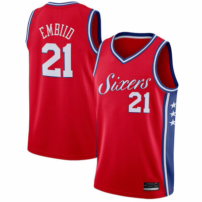

2019 New Mens Philadelphia 76ers 21 Joel Embiid Red White Gray Blue Basketball Jersey Size S-XXL