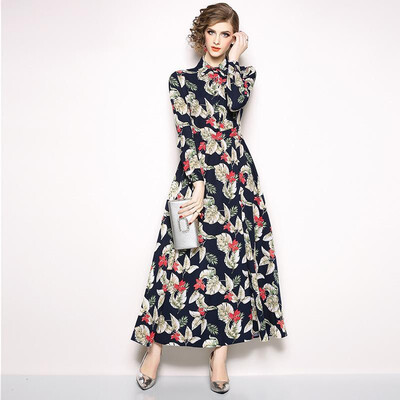

M L XL XXL vintage new autumn 2018 women long maxi dress long sleeve black flower print ankle length elegant with bow lady