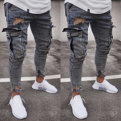 

Mens Skinny Jeans Ripped Slim Fit Stretch Denim Pants Biker Jeans With Pocket