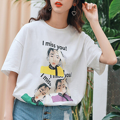 

JOY OF JOY Jingdong Womens 2019 New Summer Short Sleeve Women Korean Womens Loose Round Collar Personality Character Print T-Shirt Women JWTD191838 White