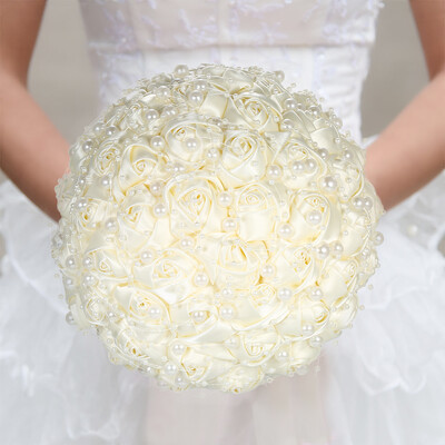 

18cm Handmade Wedding Artificial Pearls Bridal Bouquet Satin Rose Flower for Bride Wedding Supplies--White