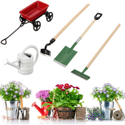 

UpperX DIY Watering Can Pulling Cart Spade Rake Garden Tools For Children Dolls House Miniatures Accessories Set