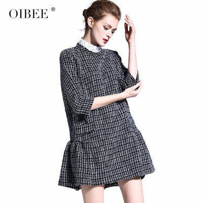 

OIBEE2019 spring new womens stand collar loose doll version seven-point sleeve dress small fragrance style skirt