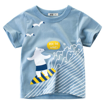 

Boy Short Sleeve Cotton T-Shirt Round Neck Tops Summer Kids Clothes Cartoon Bear Ride on Wave Printing Shirt Tee Blue 140