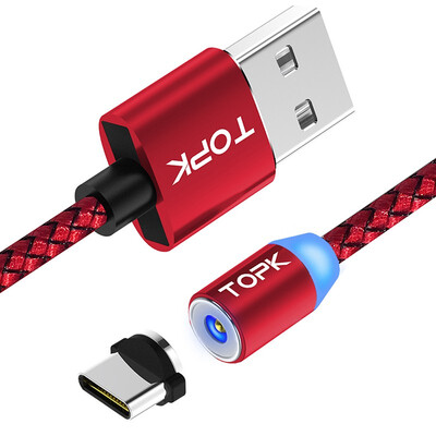 

R-Line1 2M USB Type C Magnetic Cable TOPK R-Line1 Upgraded Reflective Nylon Braided Type-C Cable LED Magnet USB Charging Cable