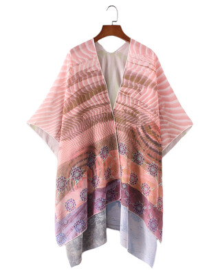 

New Women Chiffon Loose Cardigan Gradient Front Floral Print 34 Sleeves Beach Thin Casual Outerwear Pink