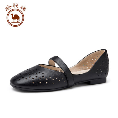 

Camel brand single shoes female first layer cowhide fashion hollow flat bottom button W91504522 black 38240 yards